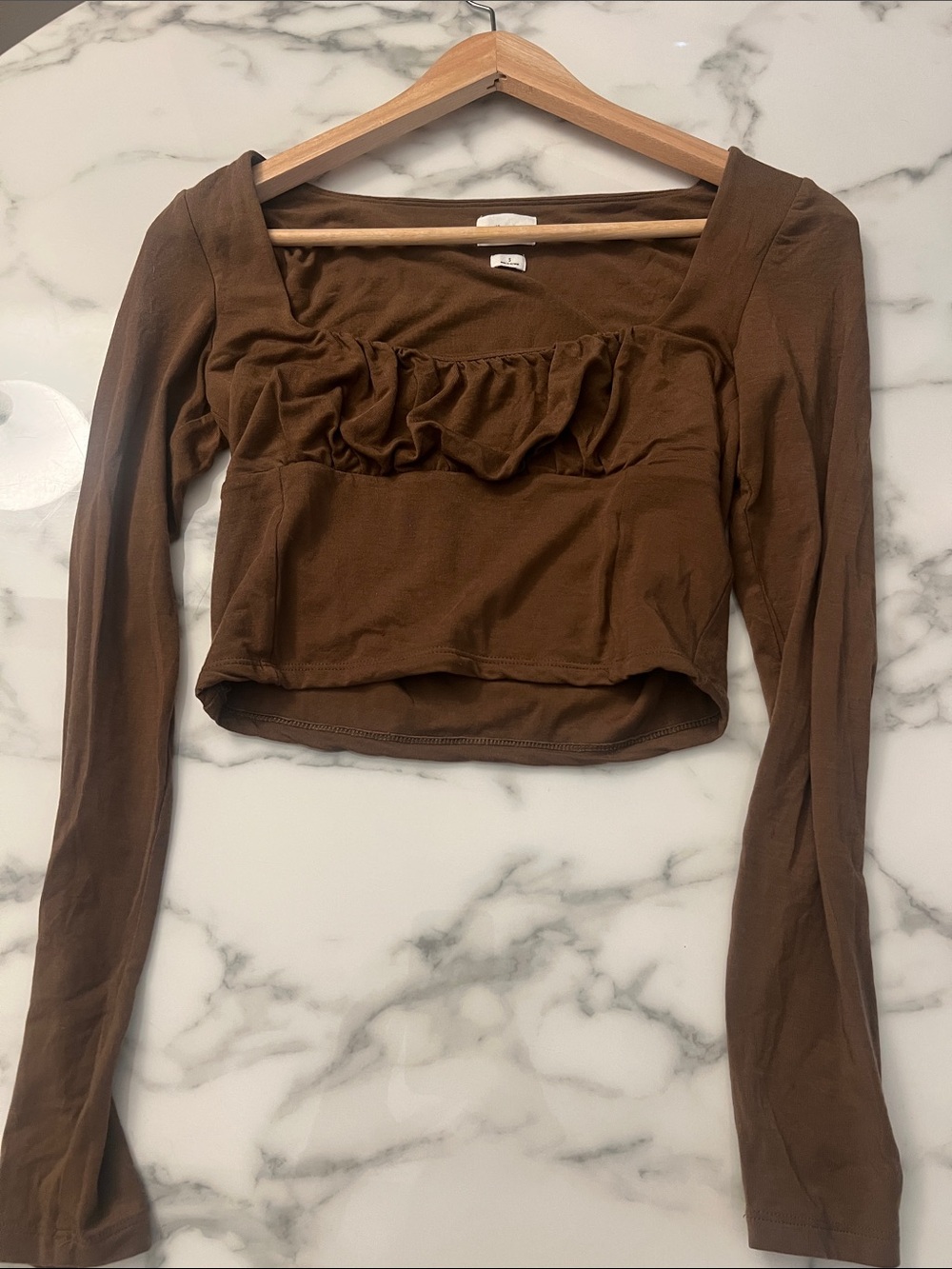 Wilfred Brown Ruffle Square-Neck Long-Sleeve Crop Top